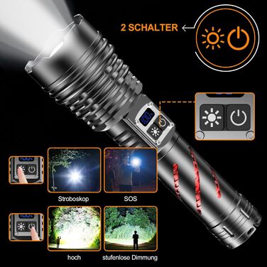 Потужний тактичний ліхтар Relybo LED, 1000000 Люмен, акумуляторний з USB-зарядкою, регулювання яскравості, водонепроникний для кемпінгу та екстрених ситуацій, чорний