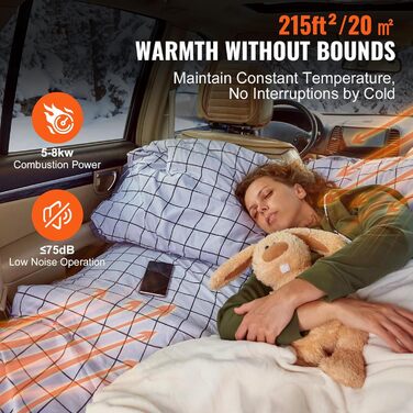 Електрична дизельна піч опалення VEVOR 12V 5-8kW з LCD-дисплеєм, пультом та Bluetooth. Горизонтальна модель.