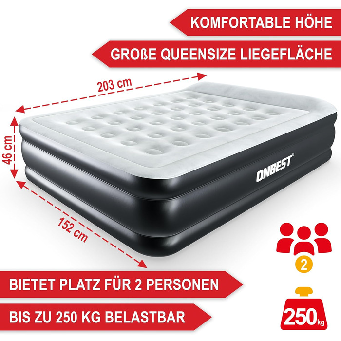 Надувне ліжко самостійно надувне – для 2 осіб – 203 x 152 x 46 см – з електричним насосом – надувне ліжко для гостей за 3-5 хвилин – вбудована подушка (Чорний)