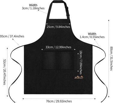 Фартух Viedouce з 2 упаковок, водонепроникний фартух шеф-кухаря з кишенями, Регульований кухонний фартух, фартух для барбекю, нагрудний фартух, кухонний фартух (чорний і бавовняний)
