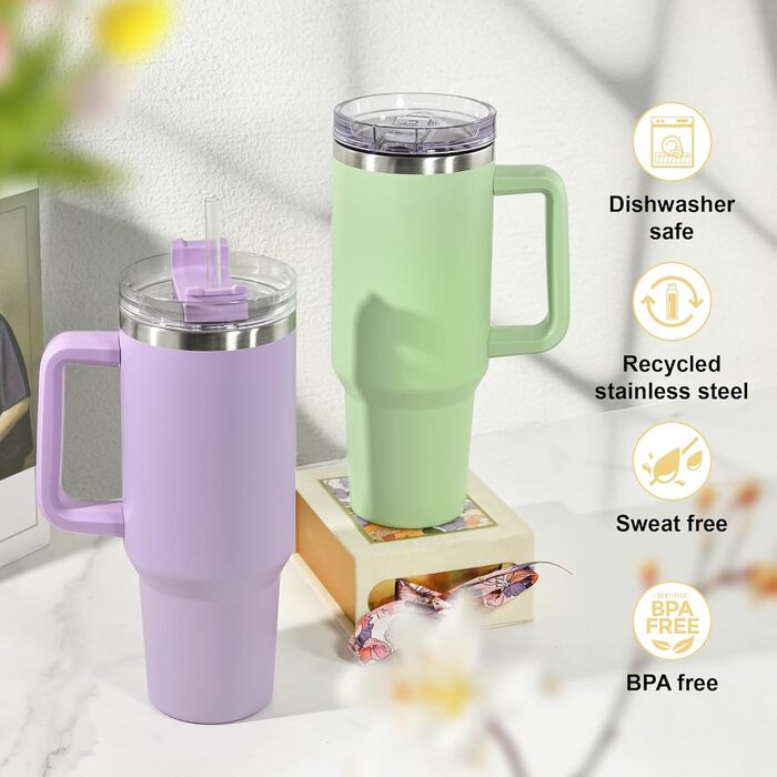 Термокружка FECBK з трубочкою та ручкою, 1.2л, нержавіюча сталь, вакуумна ізоляція, 12 год гаряче / 34 год холодне, Gepard (Бежевий)