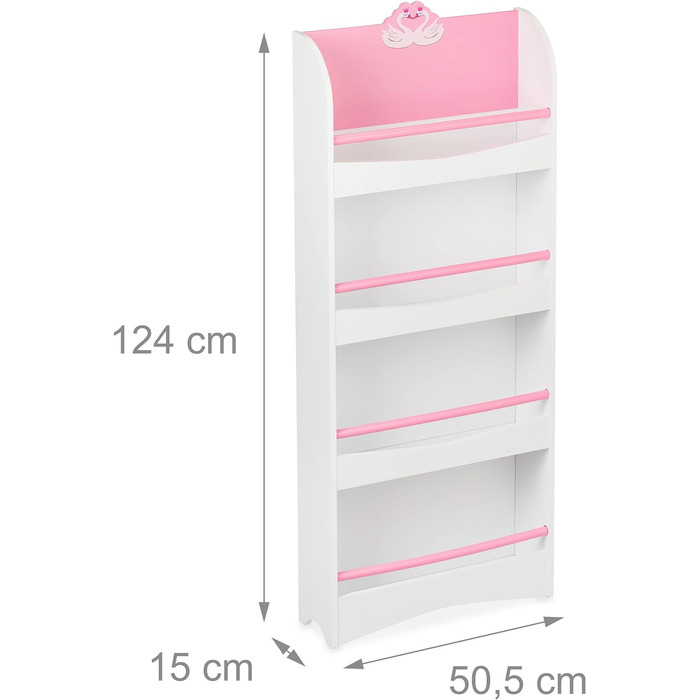 Дитяча книжкова шафа Relaxdays, ВхШхГ 124 x 50.5 x 15 см, 4 відділення, МДФ, Дитяча етажерка з лебединим мотивом, білий/рожевий