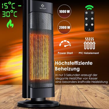Обігрівач KESSER® 2000W з пульт дистанційного керування, керамічний, тихий, з осциляцією, таймером, 15-30°C, чорний