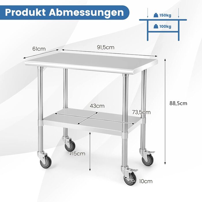 Кухонний стіл з нержавіючої сталі COSTWAY з регульованою полицею та колесами, вантажопідйомність 250 кг, 91,5x688,5 см