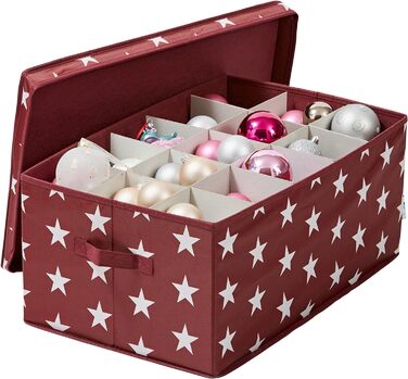 ЗБЕРІГАЙТЕ ЦЕ Коробка для зберігання новорічних дрібничок - Коробка для ялинкових іграшок з тканини - Посилена картоном - 30 відділень - з зірочками - 58х36х25 см (Червона з зірочками)