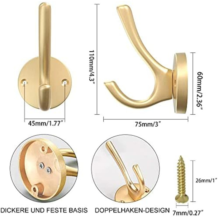 Гачки для гардеробу ZUONAI, Сучасні гачки для одягу, важкі гачки для вішалок, гачки для курток, настінні гачки для рушників, подвійний гачок для кухні, ванної кімнати, гардеробу (6 шт., золото)