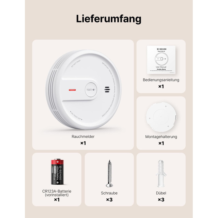 X-Sense Розумний димовий датчик з Wi-Fi, EN 14604, нічний режим, 10 років служби, змінна батарея, керування через додаток, XS0E-iR, білий