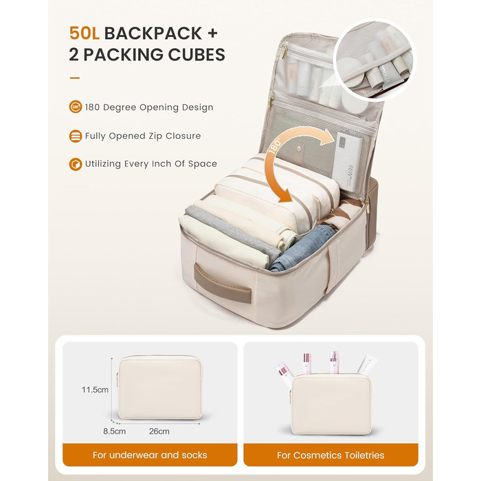 LOVEVOOK Рюкзак для ручної поклажі з окремим відділенням для взуття, 40L рюкзак для жінок, великий, з відділенням для мокрого та сухого, Travel Backpack, Carry On Luggage для подорожей (Бежевий, Хакі, 50L)