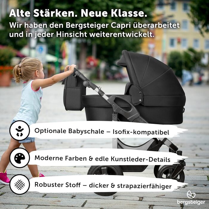 Дитяча коляска 3-в-1 Bergsteiger Capri – люлька, автокрісло i-Size, прогулянкове сидіння, повітряні колеса, амортизація, регульована ручка, складна, з аксесуарами (чорний/срібний)