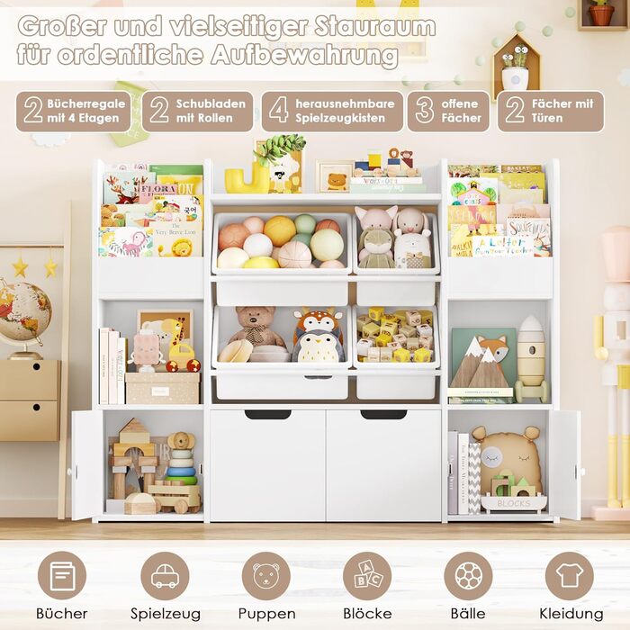 FOREHILL Дитяча полиця для іграшок та книжок, меблі для дитячої кімнати, полиця для дитячої з 2 ящиками на колесах, шафка для дитячих речей з 4 ящиками, 126x30x104 см (Білий/Рожевий)