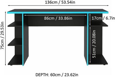 Комп'ютерний стіл Madesa Gaming з 5 полицями, 136x60x75 см, дерево - чорний/синій