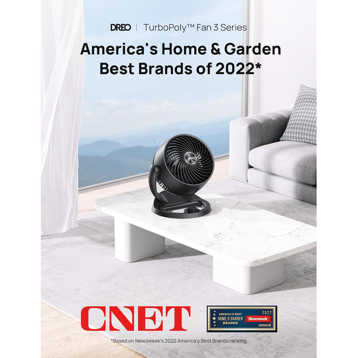 Дрео - тихий настільний вентилятор 30 см, 3 швидкості, 21 м³/хв, кут нахилу 120°, чорний