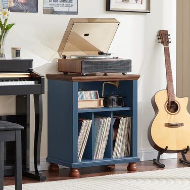 LELELINKY Підставка для програвача, полиця для платівок, містить до 200 платівок, великий дерев'яний стіл для програвача, полиця для платівок у вітальню, спальню, офіс (Блакитний)