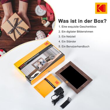 Цифровий фоторамка Kodak WiFi, 8 дюймів, IPS сенсорний екран, 32GB, автоматичне обертання, коричневе дерево