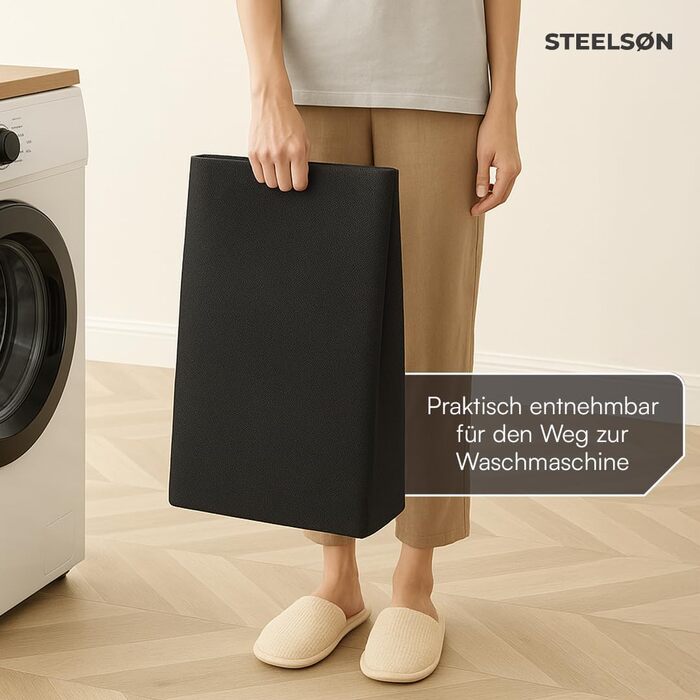 STEELSØN Rigil Кошик для білизни з 2 відділеннями – з полицею з бамбука – 2x 45 л – чорний металевий сортер для білизни – знімні мішки для білизни – контейнер для брудної білизни 2 відділення