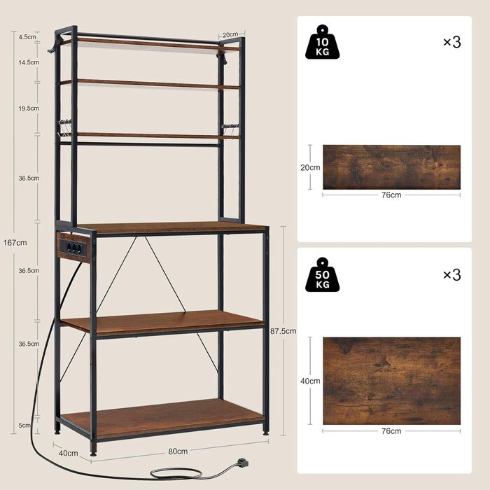 Кухонна полиця WOLTU з 6 ярусами, з розетками, для мікрохвильовки, з металевим каркасом, регульовані полиці, чорний+рустичний коричневий, 60 x 167 x 40 см (чорний+вінтажний коричневий, 80 x 39,5 x 167 см)