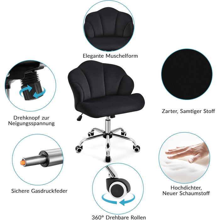 Крісло для дому та офісу Yaheetech, крісло для макіяжу, регульоване по висоті, поворотне, офісне крісло у формі мушлі з роликами, велюрове крісло, до 136 кг, білий (чорний)