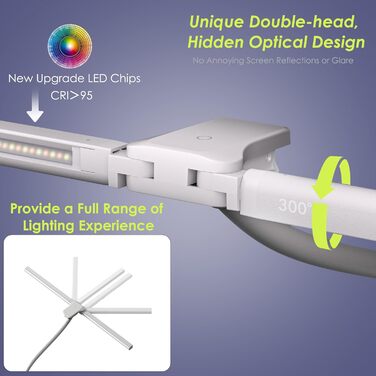 Стіл лампа з двома головками для дітей, захист очей, 16W, 72см, денне світло, диммування, пульт ДУ, лебединий шийка, матовий білий