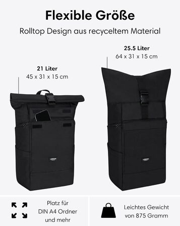 Рюкзак LARKSON для жінок та чоловіків - No 4 Large - Rolltop Backpack 21 л з 16-дюймовим відділенням для ноутбука Uni, Work & Bike - Великий туристичний рюкзак з ремінцем для візка Black