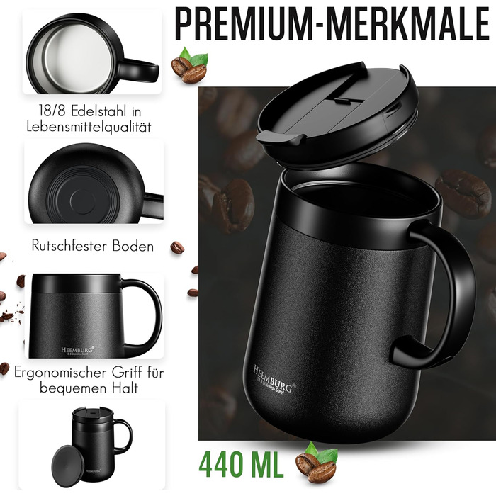 Термокружка з ручкою, подвійні стінки, вакуумна ізоляція, нержавіюча сталь 18/8, з 2 кришками, протиковзке дно, 440 мл, для офісу та робочого місця