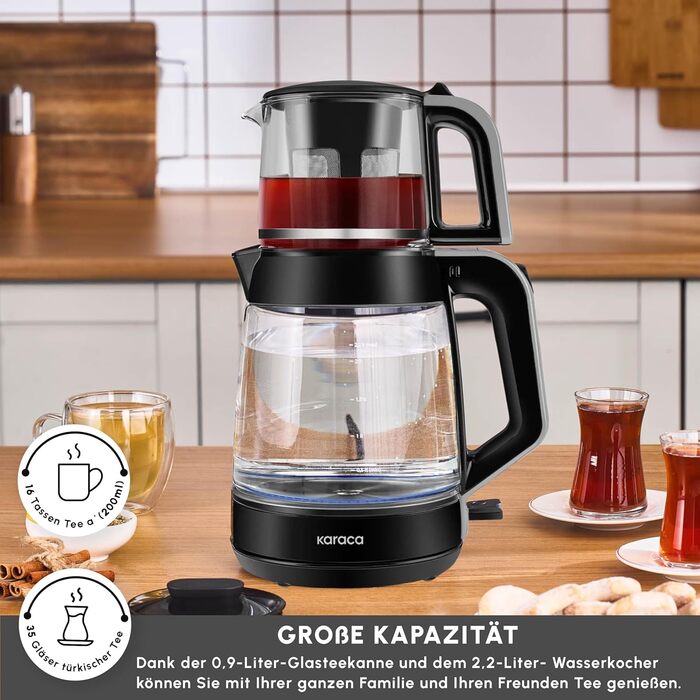 Чайник-заварник електричний Karaca Glass XL 2 в 1, чорний, 0.9л/2.2л, LED, 360°