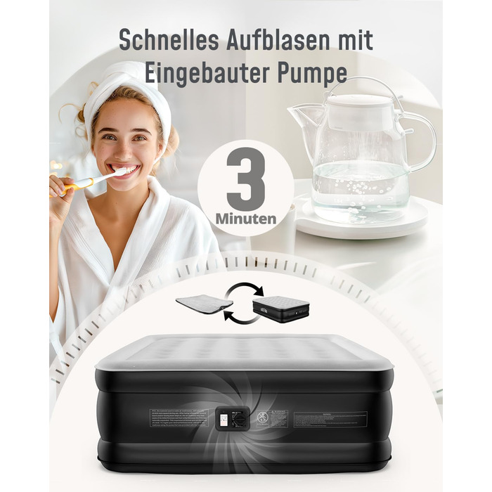 Надувне ліжко Airefina на 2 особи з самонадувною системою та вбудованим насосом, для кемпінгу та дому, міцне гостьове ліжко - 203 x 152 x 46 см