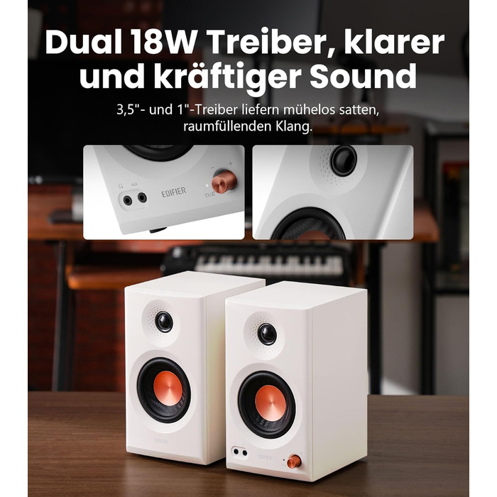 Edifier MR3 - Компактні студійні колонки 2.0, Hi-Res Audio, Bluetooth 5.4, RCA, AUX, керування через додаток, 2 x 18W (білі)