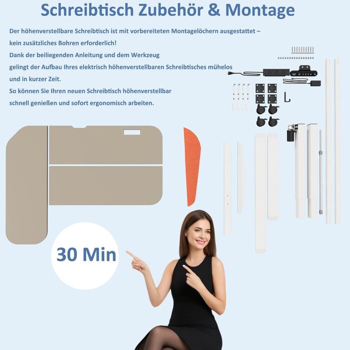 Електричний кутовий стіл з регулюванням висоти 150 см, L-подібний, з 4-ма пам'ятями, з'єднувальна панель, для дому та офісу (150x68 см, темно-коричневий-помаранчевий)