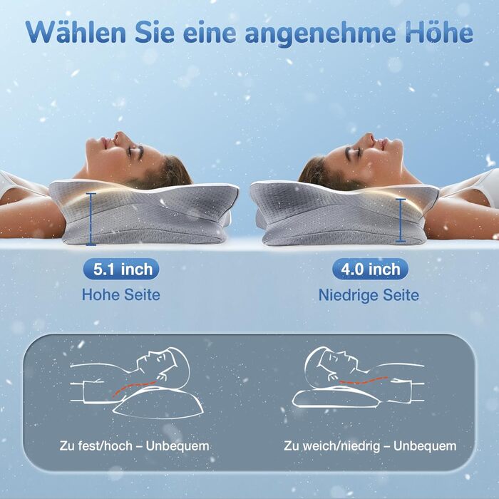 Ортопедична подушка для шиї з Memory Foam, сертифікат Oeko-TEX®, ергономічна подушка для сну на боці, спині та животі, сірого кольору