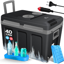 Термобокс KESSER® 40L з колесами | Холодильник-грілка 12/230V | Для авто, човна, кемпінгу | З акумуляторами холоду та тримачами для напоїв (Чорний/Сірий)