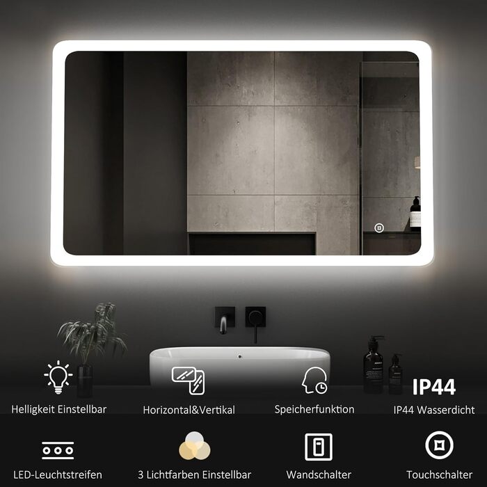 LED дзеркало для ванної кімнати Boromal 100x60 см з підсвічуванням, 3 колір світла, регулювання яскравості, сенсорне керування