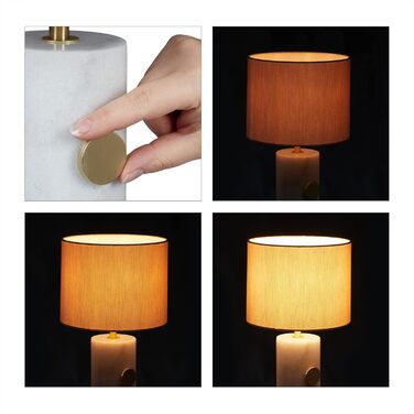 Настільна лампа Relaxdays, мармурова основа та тканинний абажур, цоколь E14, приліжкова лампа з регулюванням яскравості, В x Г 34,5 x 21 см, (білий/бежевий)