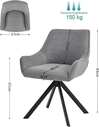 Обідні стільці поворотні, комплект 2 шт. з підлокітниками, світло-сірий льон. Сучасні поворотні стільці для кухні, вітальні, офісу. Металевий каркас, м'яке сидіння, підходить для їдальні, вітальні, офісу, колір: коричневий.