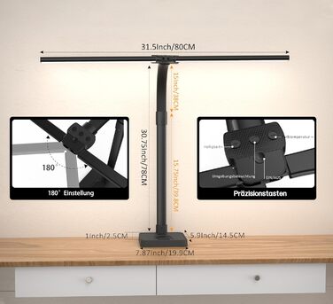 LED настільна лампа LOTTBUTY з гнушим шийкою, 24W, 80см, для офісу та дому, з підставкою для телефону (чорний)