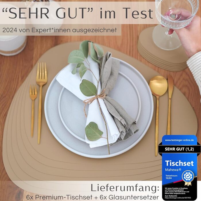 Набір Mahewa® з 6 преміум-підставників для столу з екошкіри - 6 підставок для тарілок, миючі та водонепроникні, овальної форми з тримачем (світло-коричневий)