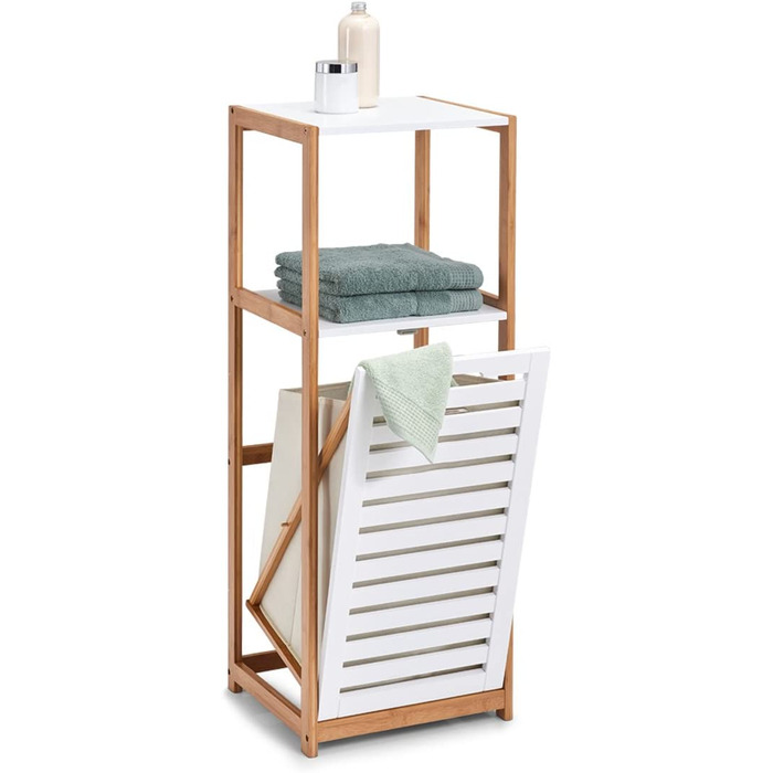 Стильна підставка Zeller 18867 для ванної кімнати з відсіком для білизни, бамбук/MDF, білий, 36 x 33 x 98 см