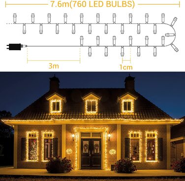 Світлодіодна гірлянда 25 м 8 режимів різдвяні гірлянди для зовнішнього освітлення в приміщенні з таймером, водонепроникна гірлянда для різдвяної ялинки дитяча кімната ялинка сад балкон тераса (теплий білий, 7,6 м 760 світлодіодів), 1000