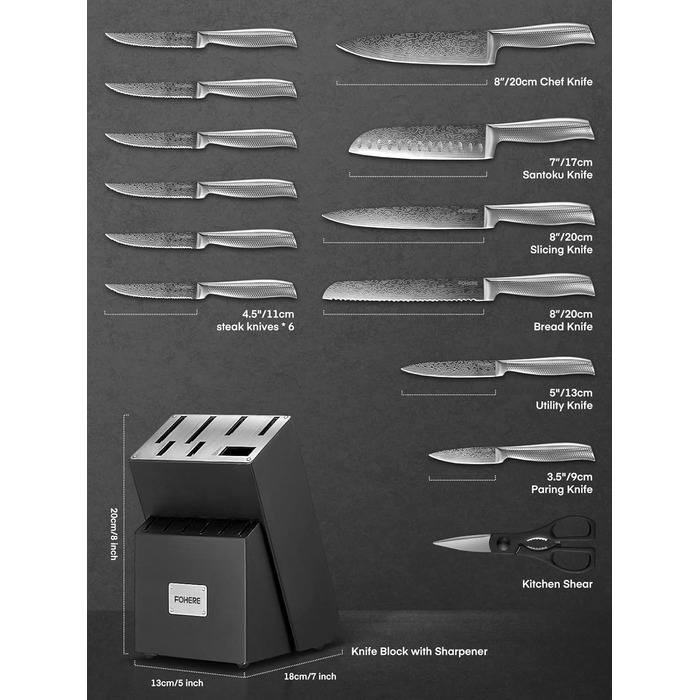 Набір ножів FOHERE з бруском для заточування, 14 предметів. Професійний набір кухонних ножів з нержавіючої сталі, ергономічні ручки, ідеальний подарунок