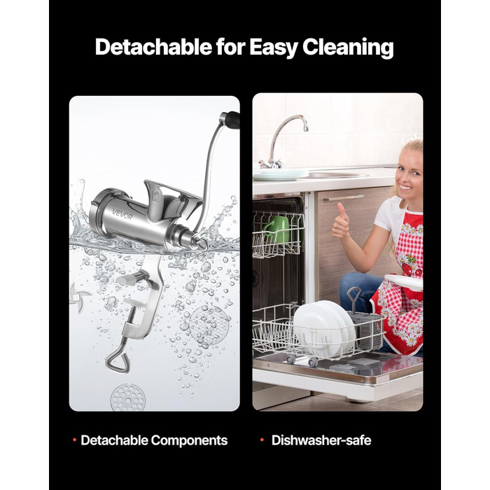 М'ясорубка ручна VEVOR з нержавіючої сталі 304, диски 4.5/8 мм, для фаршу та ковбас, 38 см, срібляста