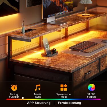 Комп'ютерний стіл з 8 висувними ящиками, 2 розетками, USB-портами, LED-підсвічуванням та підставкою для монітора, 120 x 50 x 74 см, Колір: Коричневий