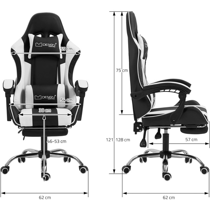 Масажне ігрове крісло ML-Design, PU шкіра, ергономічне офісне крісло, регульоване поворотне крісло, гоночне геймерське крісло з підлокітником, підголівник, поперекова подушка, підставка для ніг, крісло для столу (чорно-біле)