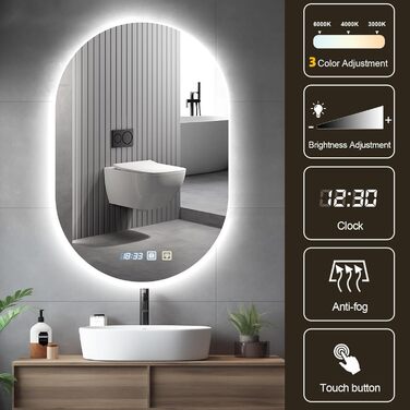 Дзеркало для ванної кімнати 600 мм з підсвічуванням, регулюванням яскравості, антизапарюванням, таймером | IP44, вологостійке, з сенсорним вимикачем | для ванної, готелю, кругле, овальне, 500 мм, 750 мм