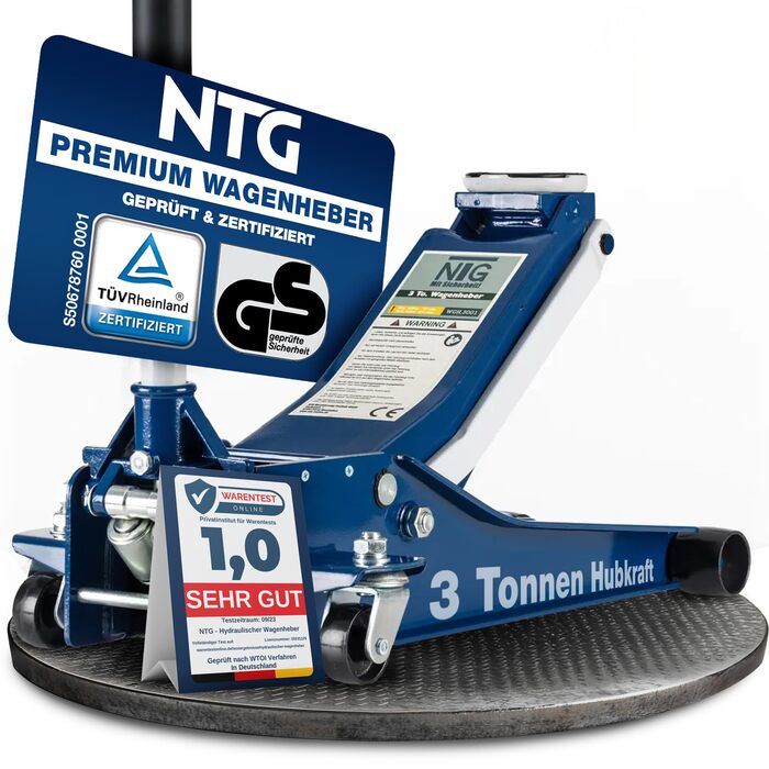 Гідравлічний домкрат NTG 3T, низькопрофільний, для авто (легкових та SUV), синій + сертифікат TÜV, висота підйому 75-505 мм
