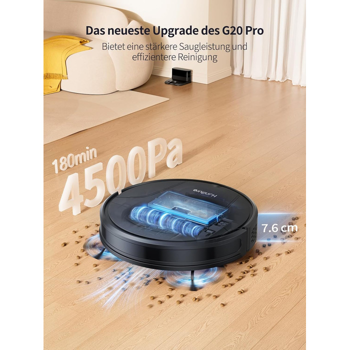 Робот-пилосос HONITURE G20 Pro з функцією миття, 4500Pa, керування через додаток, 180 хв роботи, для тварин, килимів та твердих підлог, чорний