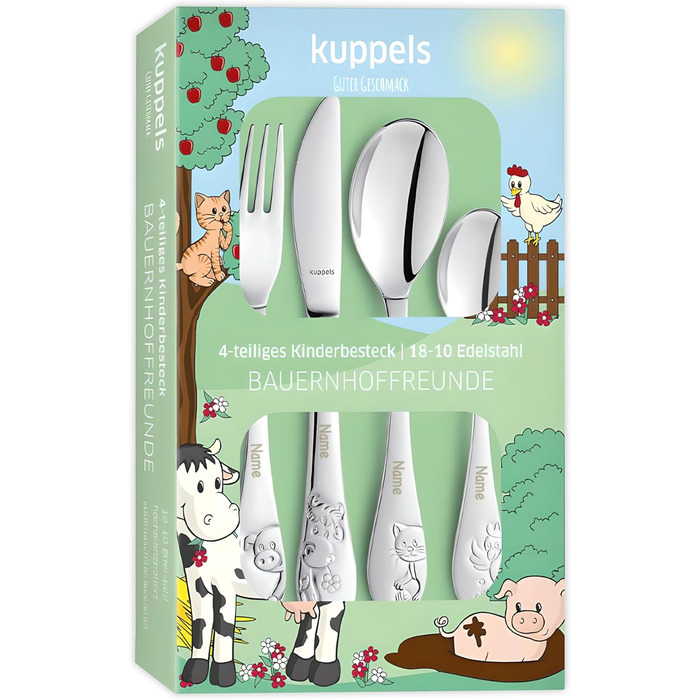 Дитячий набір посуду Kinderbesteck з гравіюванням імені, від 3 років, подарунок на хрещення/день народження, посуд для дітей, фермерський стиль