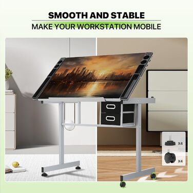 Регульований стіл для малювання Magshion з нахиленою скляною стільницею, переносний з 2 шухлядами та колесами, для художників, студентів (прозорий)