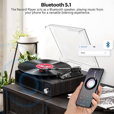 Вініловий програвач Bluetooth, ретро-програвач платівок з вбудованими стереодинаміками, 3 швидкості 33/45/78 об/хв, RCA вихід, AUX вхід, чорний горіх