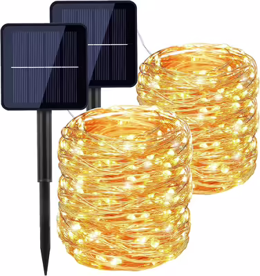 Сонячна гірлянда Qxmcov, 2 шт. по 22 м, 200 LED, мідний дріт, 8 режимів, таймер, IP65, для вулиці та дому, для саду, балкона, тераси, весілля, вечірки, декору, тепле біле світло