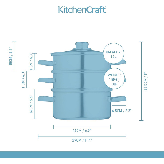 Набір каструль KitchenCraft 3 яруси, індукційний, нержавіюча сталь, 16 см, срібло, в подарунковій коробці