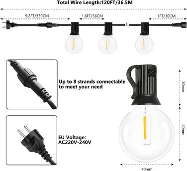 Світлодіодні вуличні гірлянди 36 м / 120 футів, пластикові світлодіодні лампи 62 G40, 2700K теплий білий, IP44 Wa